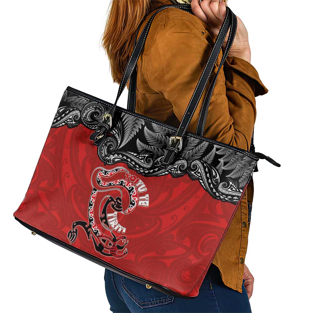 Aotearoa Toitu Te Tiriti Leather Tote Bag Taniwha Tribal Motifs
