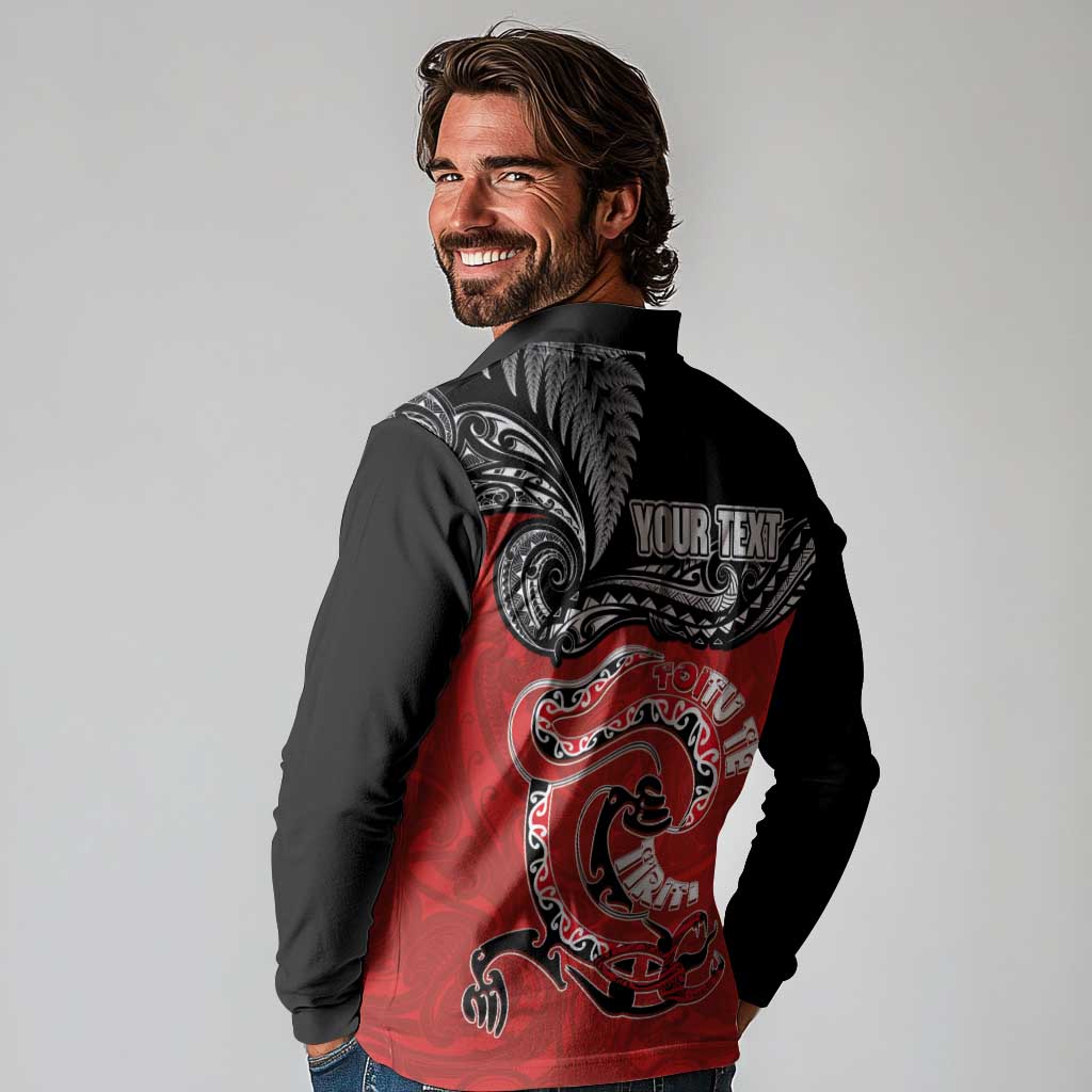 Personalised Aotearoa Toitu Te Tiriti Long Sleeve Polo Shirt Taniwha Tribal Motifs LT03 - Polynesian Pride