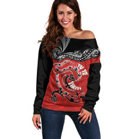Personalised Aotearoa Toitu Te Tiriti Off Shoulder Sweater Taniwha Tribal Motifs