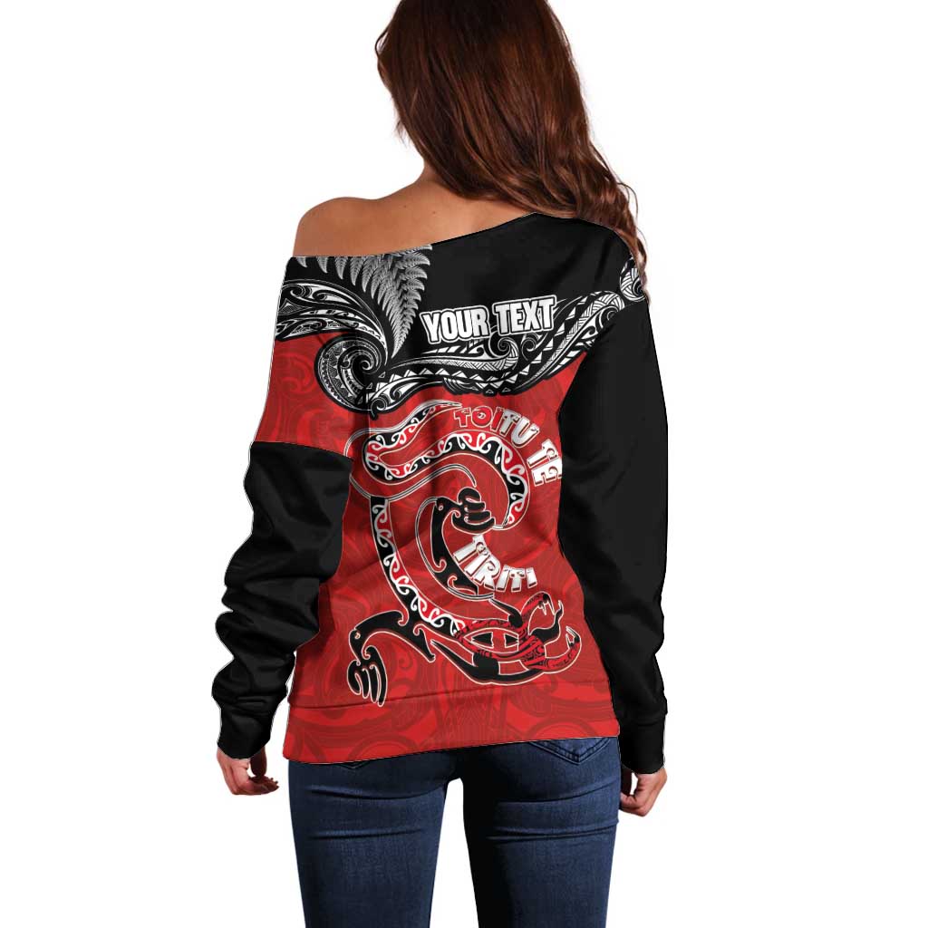 Personalised Aotearoa Toitu Te Tiriti Off Shoulder Sweater Taniwha Tribal Motifs