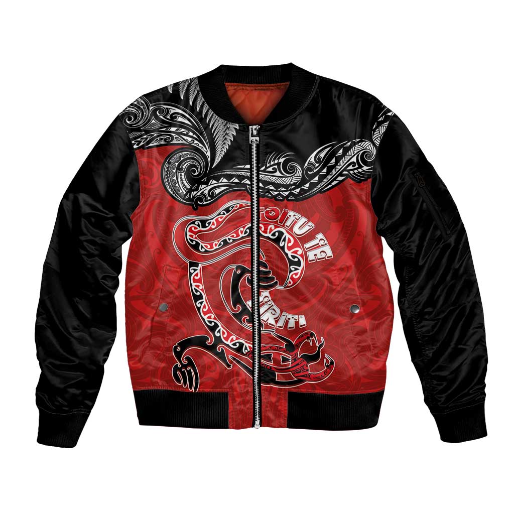 Personalised Aotearoa Toitu Te Tiriti Sleeve Zip Bomber Jacket Taniwha Tribal Motifs
