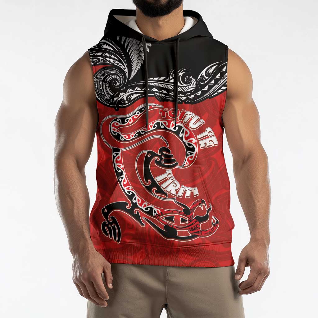Personalised Aotearoa Toitu Te Tiriti Sleeveless Hoodie Taniwha Tribal Motifs LT03 - Polynesian Pride