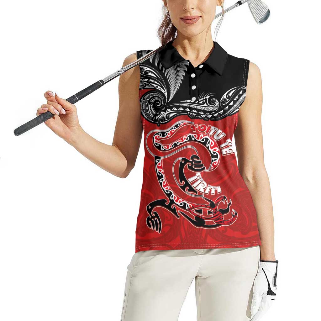Personalised Aotearoa Toitu Te Tiriti Women Sleeveless Polo Shirt Taniwha Tribal Motifs
