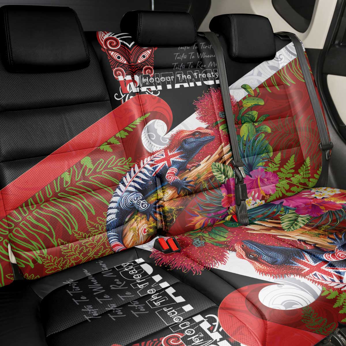 Aotearoa Toitu Te Tiriti Back Car Seat Cover Waitangi-Honour The Treaty NZ Tuatara and Plants LT03 - Polynesian Pride