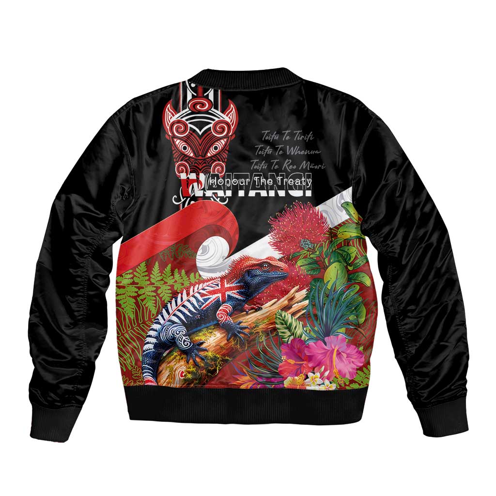 Aotearoa Toitu Te Tiriti Bomber Jacket Waitangi-Honour The Treaty NZ Tuatara and Plants