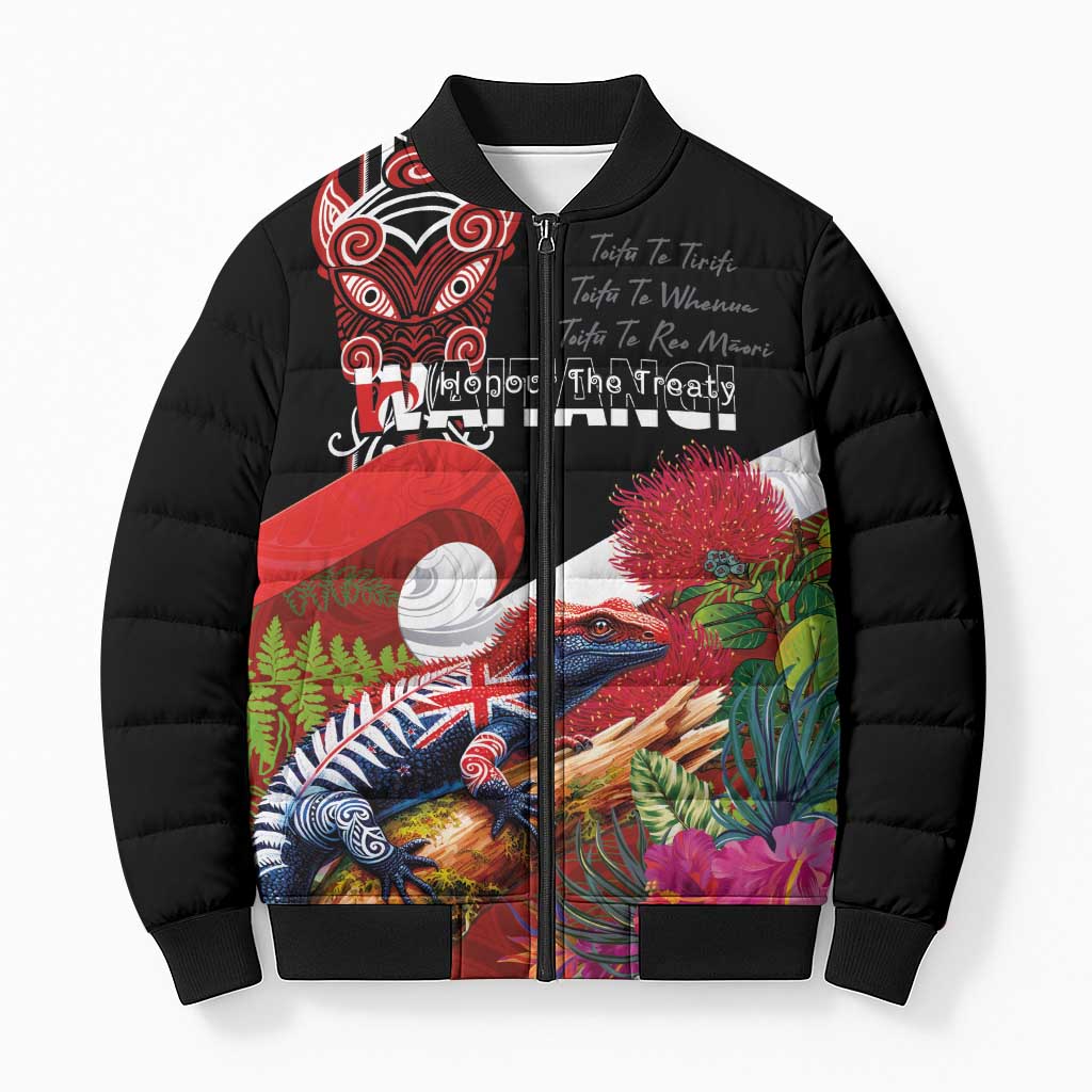 Aotearoa Toitu Te Tiriti Bomber Puffer Jacket Waitangi-Honour The Treaty NZ Tuatara and Plants