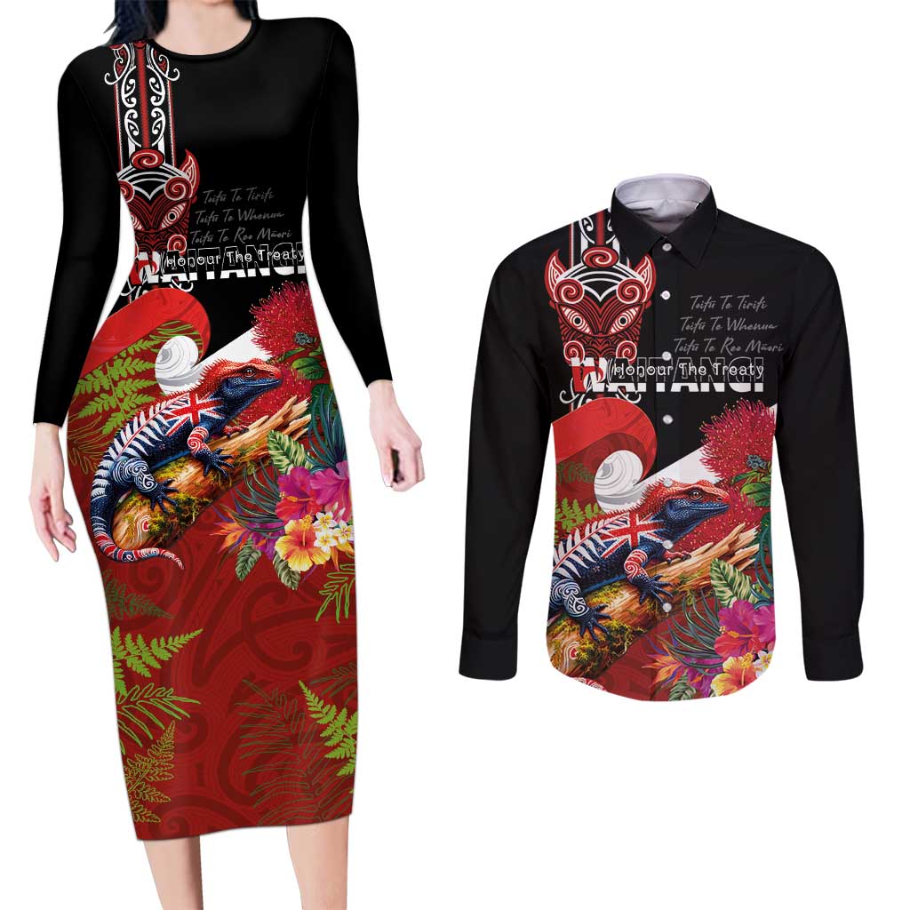 Aotearoa Toitu Te Tiriti Couples Matching Long Sleeve Bodycon Dress and Long Sleeve Button Shirt Waitangi-Honour The Treaty NZ Tuatara and Plants LT03 Multicolor - Polynesian Pride