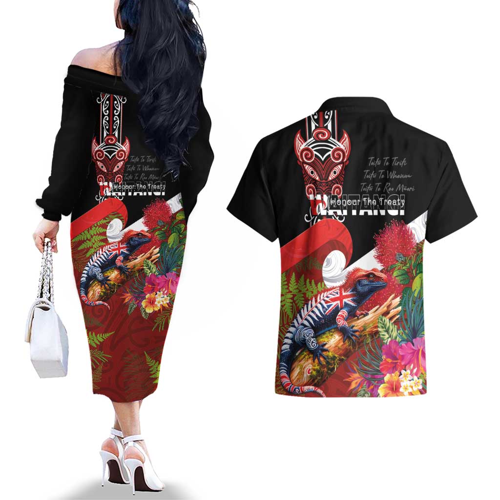 Aotearoa Toitu Te Tiriti Couples Matching Off The Shoulder Long Sleeve Dress and Hawaiian Shirt Waitangi-Honour The Treaty NZ Tuatara and Plants LT03 - Polynesian Pride