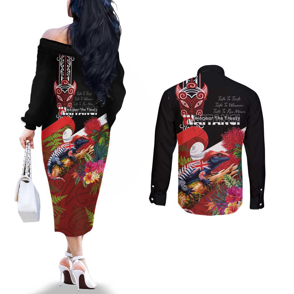 Aotearoa Toitu Te Tiriti Couples Matching Off The Shoulder Long Sleeve Dress and Long Sleeve Button Shirt Waitangi-Honour The Treaty NZ Tuatara and Plants LT03 - Polynesian Pride
