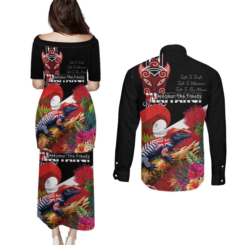 Aotearoa Toitu Te Tiriti Couples Matching Puletasi and Long Sleeve Button Shirt Waitangi-Honour The Treaty NZ Tuatara and Plants