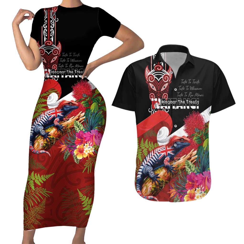 Aotearoa Toitu Te Tiriti Couples Matching Short Sleeve Bodycon Dress and Hawaiian Shirt Waitangi-Honour The Treaty NZ Tuatara and Plants LT03 Multicolor - Polynesian Pride