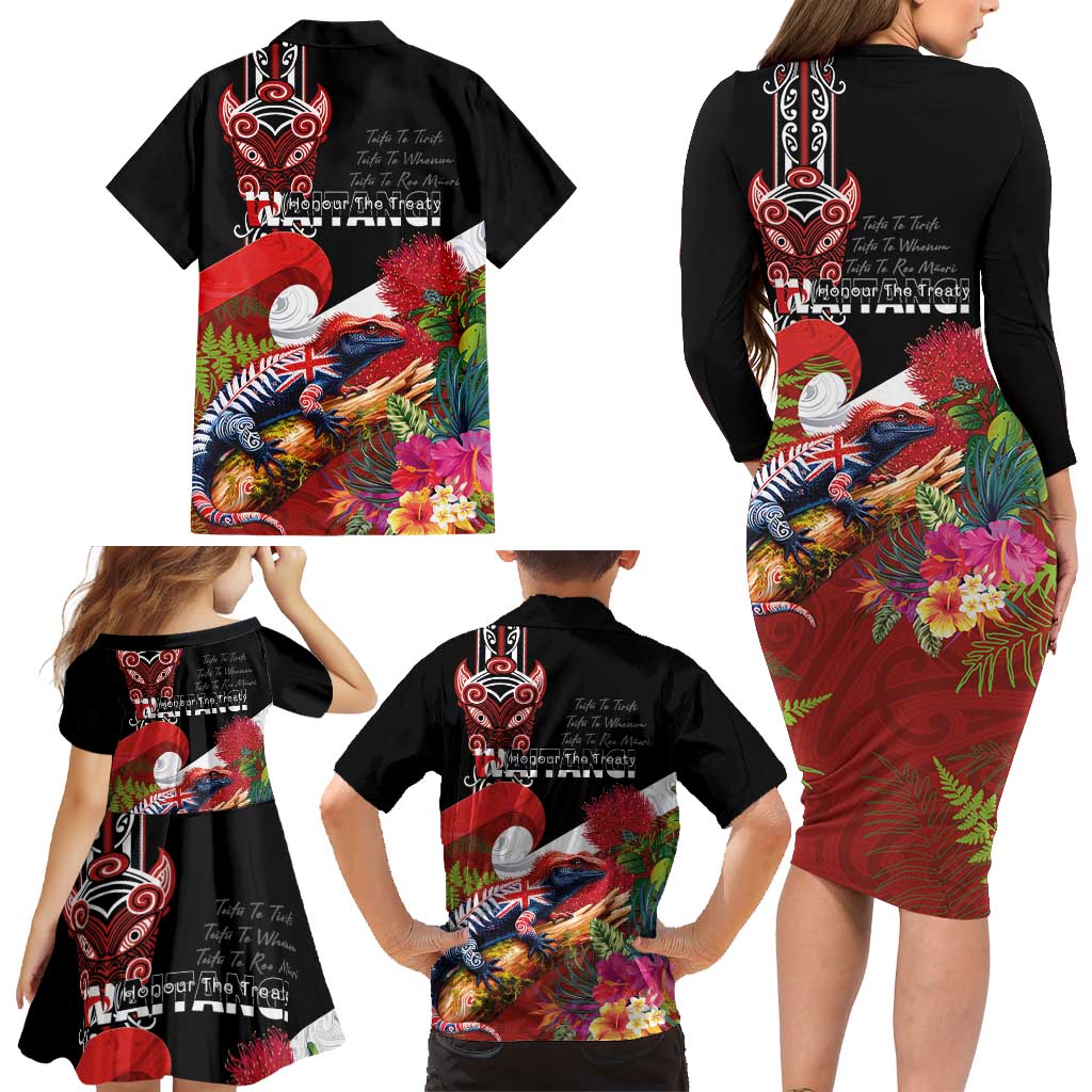 Aotearoa Toitu Te Tiriti Family Matching Long Sleeve Bodycon Dress and Hawaiian Shirt Waitangi-Honour The Treaty NZ Tuatara and Plants LT03 - Polynesian Pride