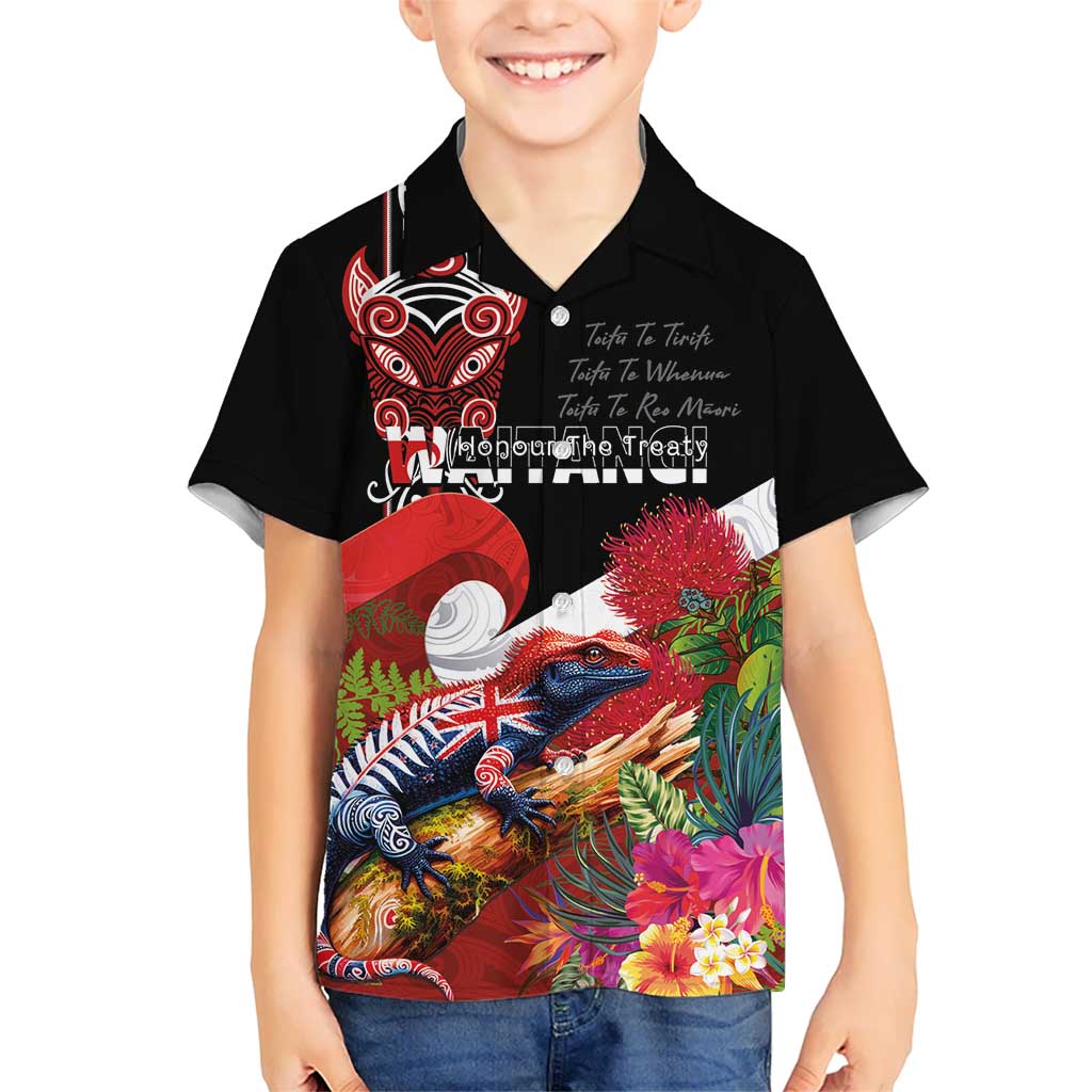 Aotearoa Toitu Te Tiriti Family Matching Long Sleeve Bodycon Dress and Hawaiian Shirt Waitangi-Honour The Treaty NZ Tuatara and Plants LT03 Son's Shirt Multicolor - Polynesian Pride