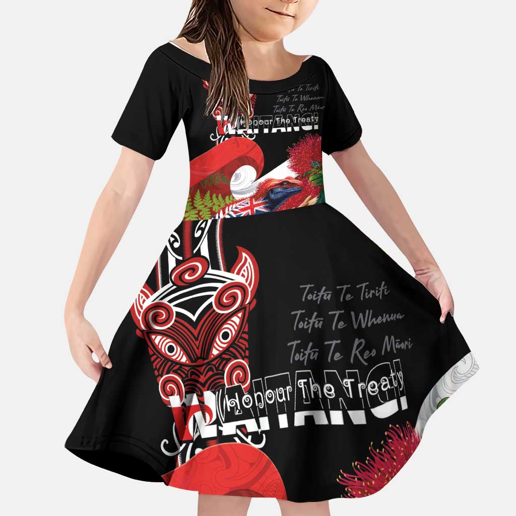 Aotearoa Toitu Te Tiriti Family Matching Off The Shoulder Long Sleeve Dress and Hawaiian Shirt Waitangi-Honour The Treaty NZ Tuatara and Plants LT03 Daughter's Dress Multicolor - Polynesian Pride