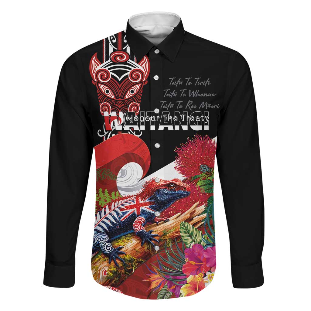 Aotearoa Toitu Te Tiriti Family Matching Off The Shoulder Long Sleeve Dress and Hawaiian Shirt Waitangi-Honour The Treaty NZ Tuatara and Plants LT03 Dad's Shirt - Long Sleeve Multicolor - Polynesian Pride