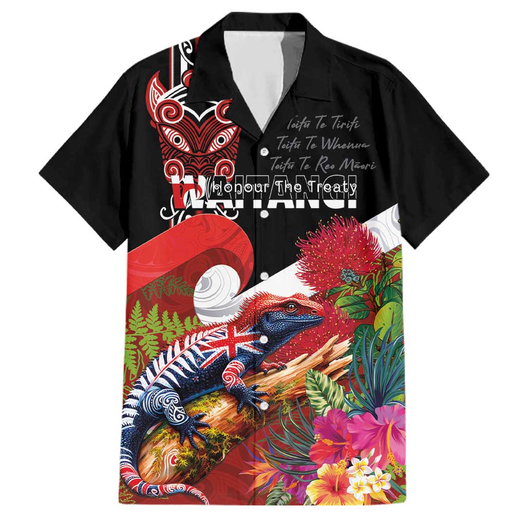 Aotearoa Toitu Te Tiriti Family Matching Off Shoulder Maxi Dress and Hawaiian Shirt Waitangi-Honour The Treaty NZ Tuatara and Plants LT03 Dad's Shirt - Short Sleeve Multicolor - Polynesian Pride