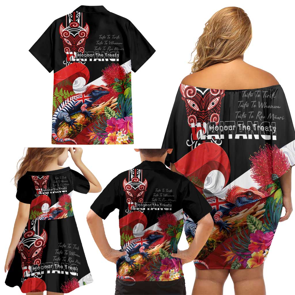 Aotearoa Toitu Te Tiriti Family Matching Off Shoulder Short Dress and Hawaiian Shirt Waitangi-Honour The Treaty NZ Tuatara and Plants LT03 - Polynesian Pride