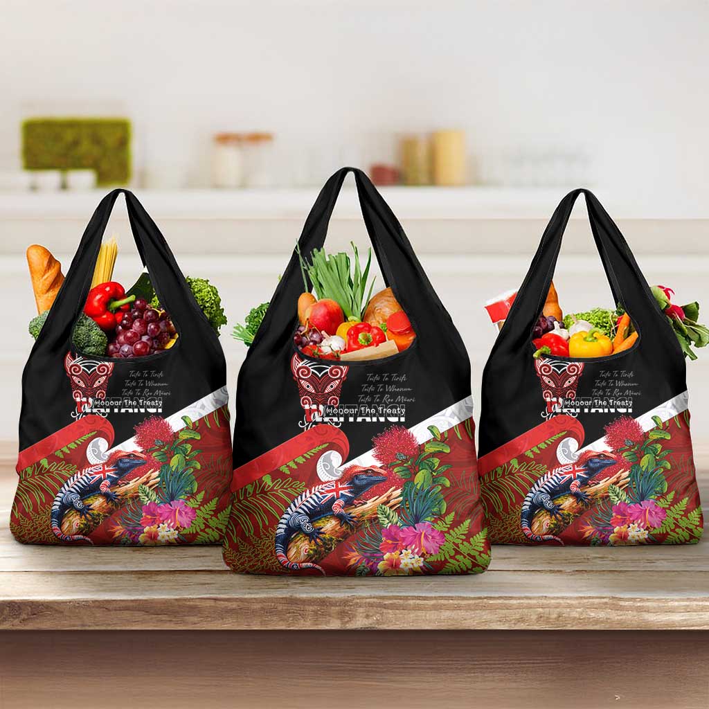 Aotearoa Toitu Te Tiriti Grocery Bag Waitangi-Honour The Treaty NZ Tuatara and Plants LT03 3-pack One Size Multicolor - Polynesian Pride