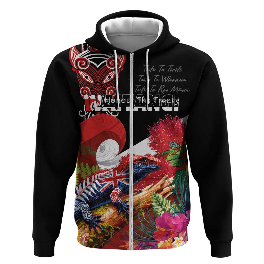 Aotearoa Toitu Te Tiriti Hoodie Waitangi-Honour The Treaty NZ Tuatara and Plants LT03 Zip Hoodie Multicolor - Polynesian Pride