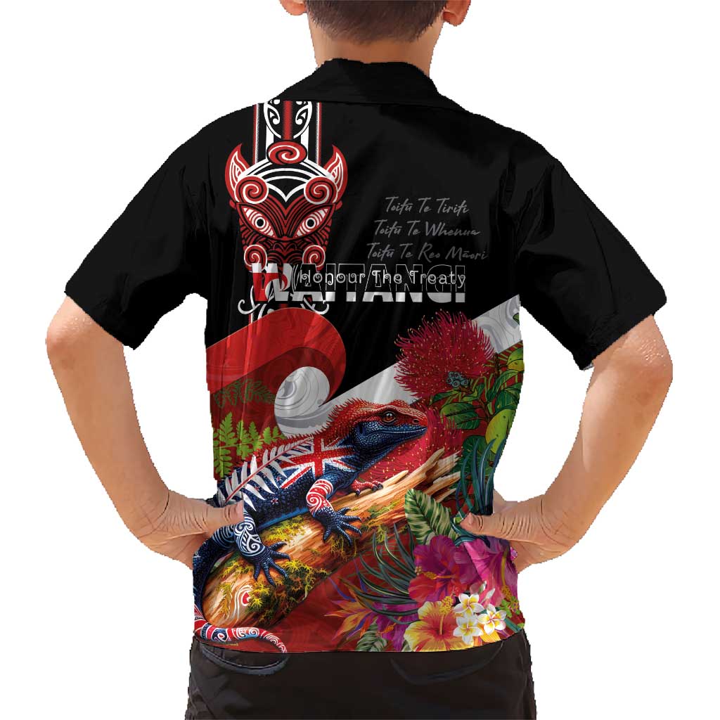 Aotearoa Toitu Te Tiriti Kid Hawaiian Shirt Waitangi-Honour The Treaty NZ Tuatara and Plants LT03 - Polynesian Pride