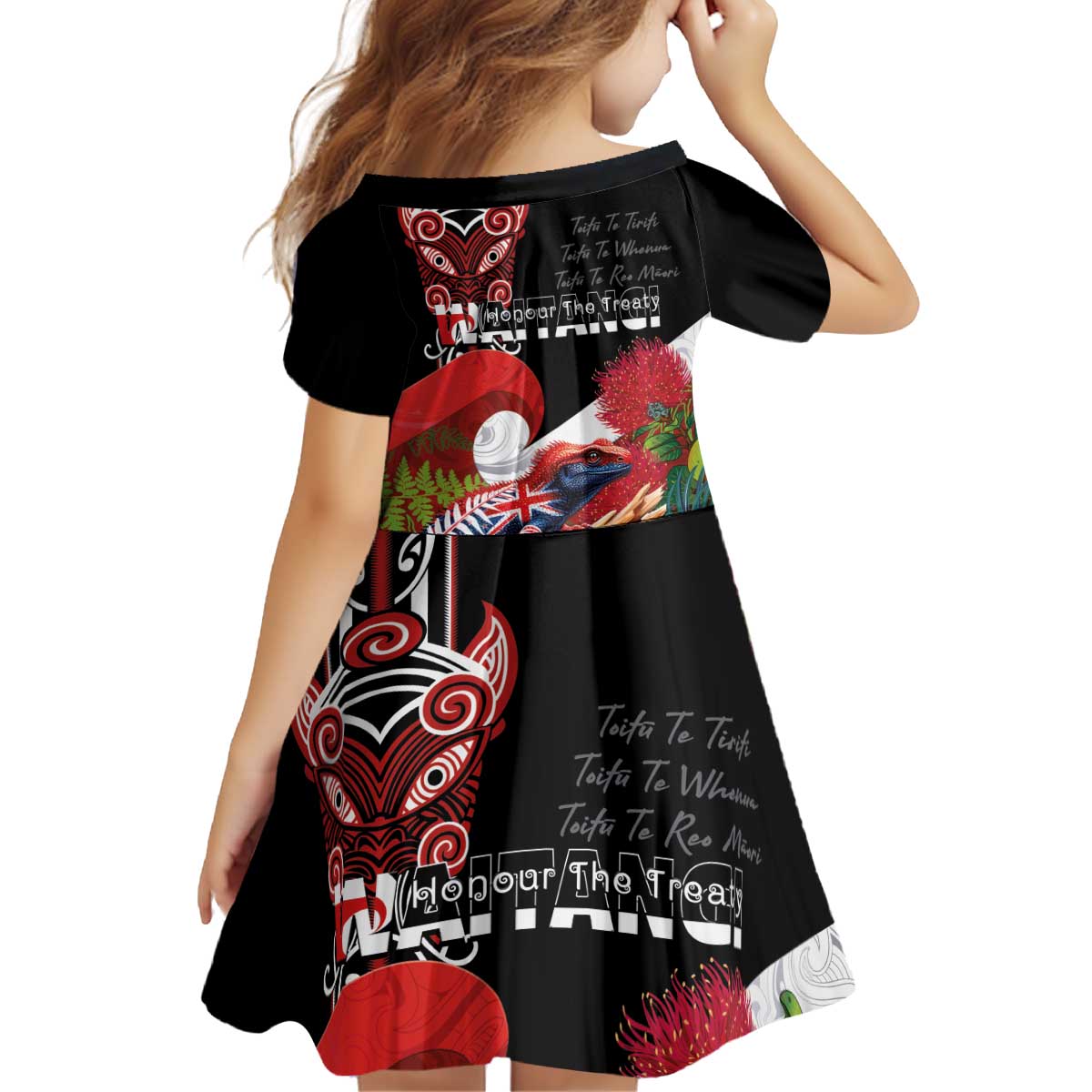 Aotearoa Toitu Te Tiriti Kid Short Sleeve Dress Waitangi-Honour The Treaty NZ Tuatara and Plants