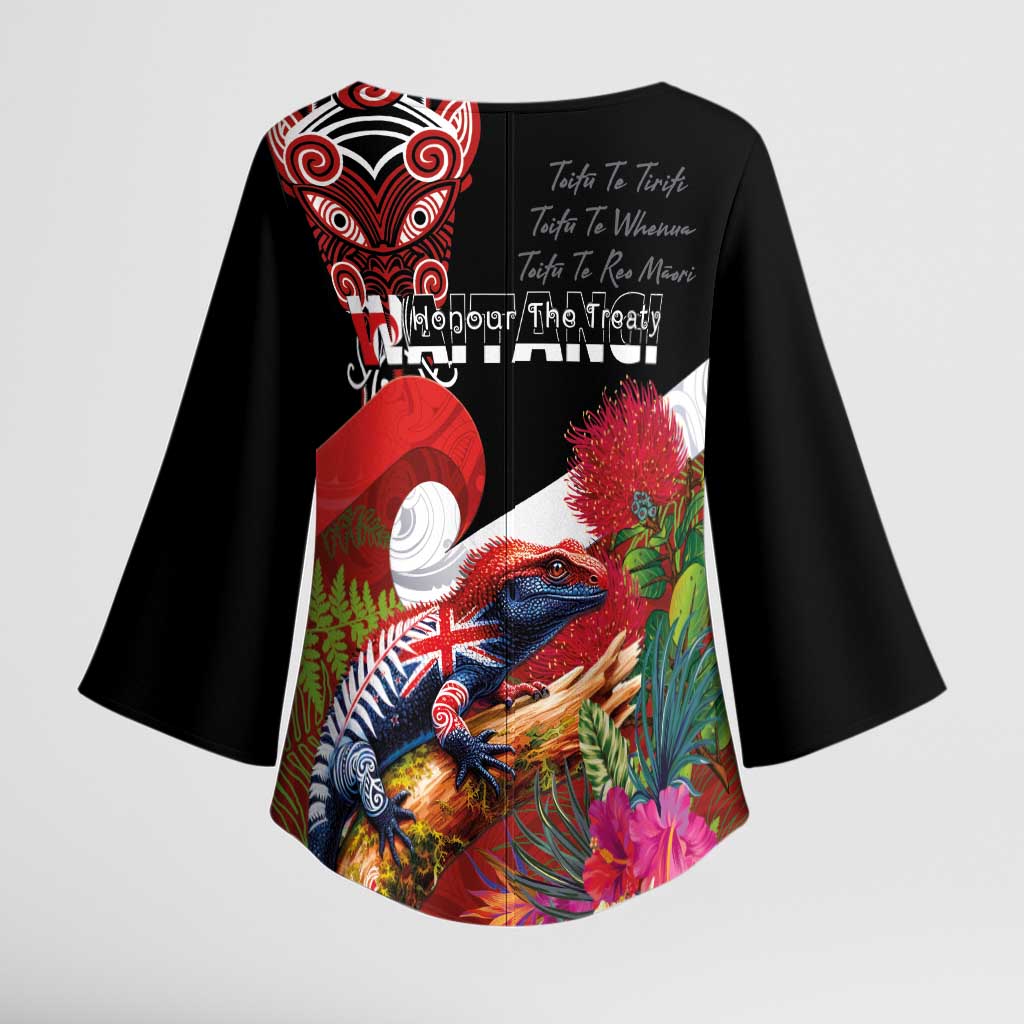 Aotearoa Toitu Te Tiriti Kimono Sleeve Blouse Waitangi-Honour The Treaty NZ Tuatara and Plants