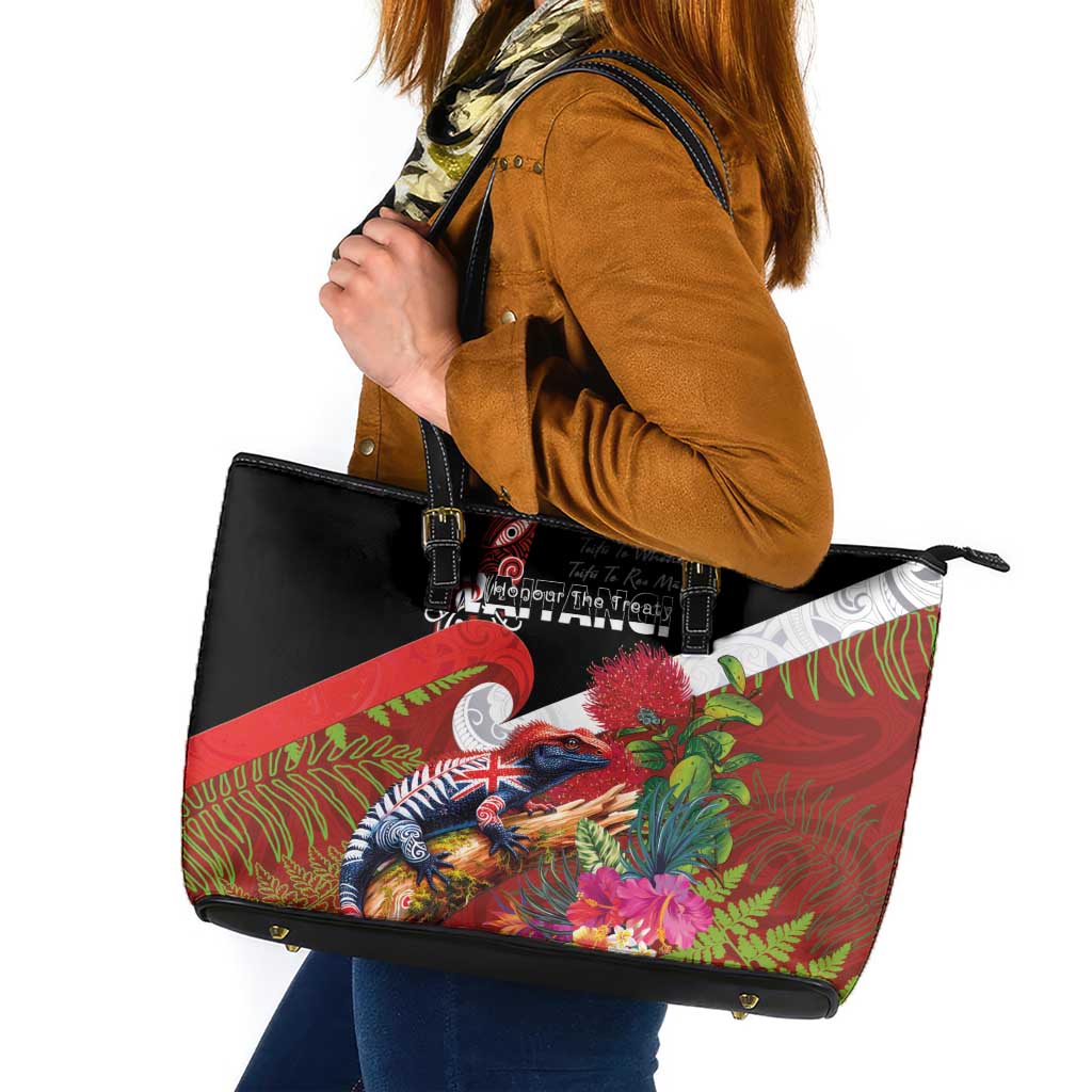 Aotearoa Toitu Te Tiriti Leather Tote Bag Waitangi-Honour The Treaty NZ Tuatara and Plants
