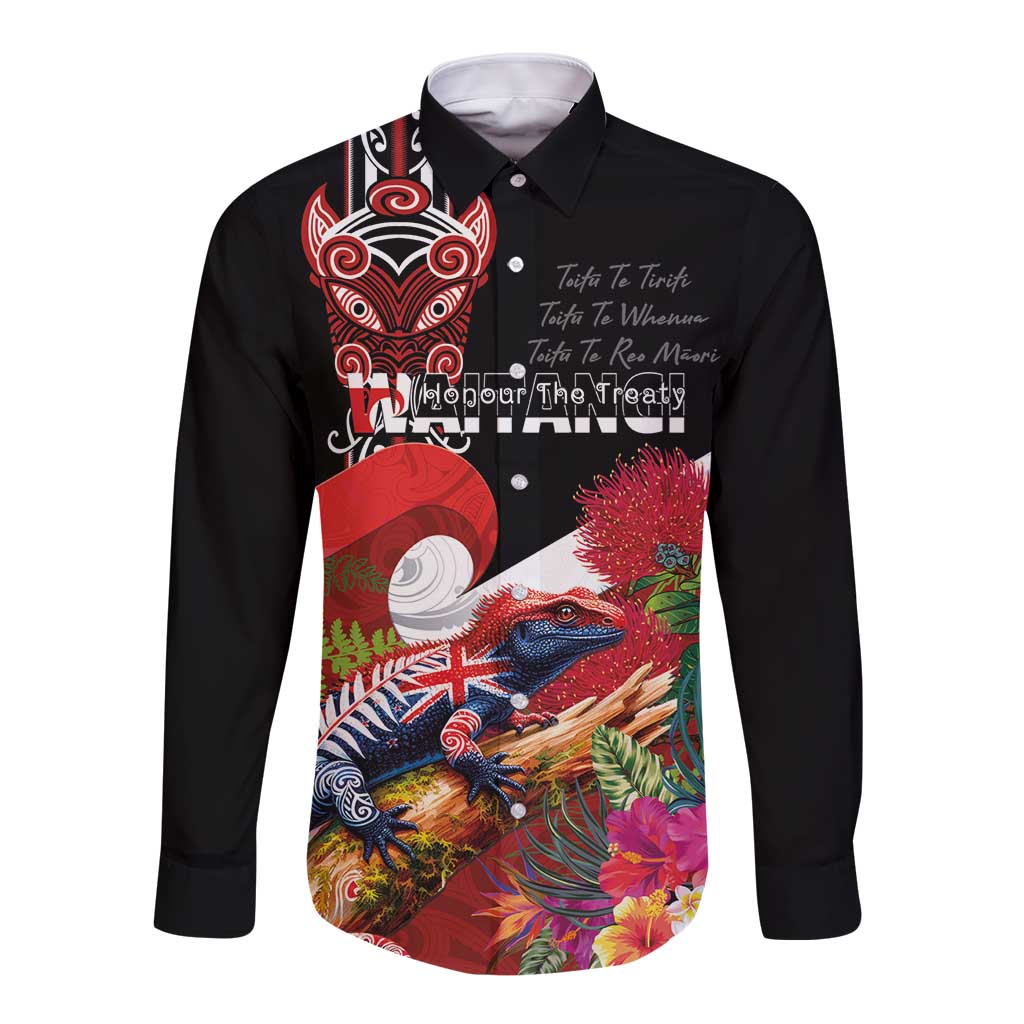 Aotearoa Toitu Te Tiriti Long Sleeve Button Shirt Waitangi-Honour The Treaty NZ Tuatara and Plants LT03 Unisex Multicolor - Polynesian Pride