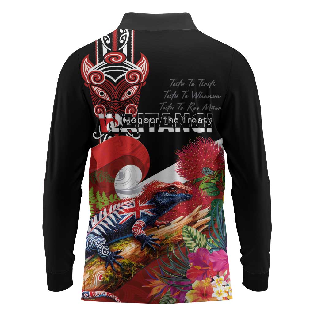 Aotearoa Toitu Te Tiriti Long Sleeve Polo Shirt Waitangi-Honour The Treaty NZ Tuatara and Plants