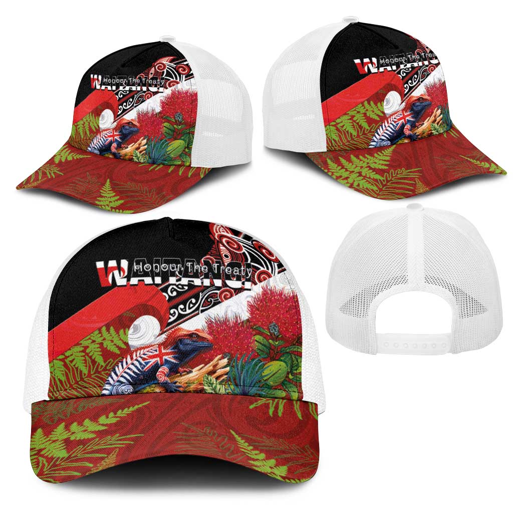 Aotearoa Toitu Te Tiriti Mesh Trucker Cap Waitangi-Honour The Treaty NZ Tuatara and Plants