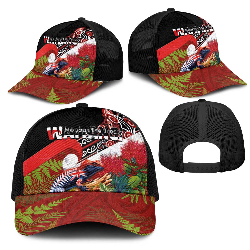 Aotearoa Toitu Te Tiriti Mesh Trucker Cap Waitangi-Honour The Treaty NZ Tuatara and Plants