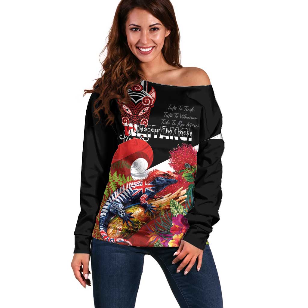 Aotearoa Toitu Te Tiriti Off Shoulder Sweater Waitangi-Honour The Treaty NZ Tuatara and Plants