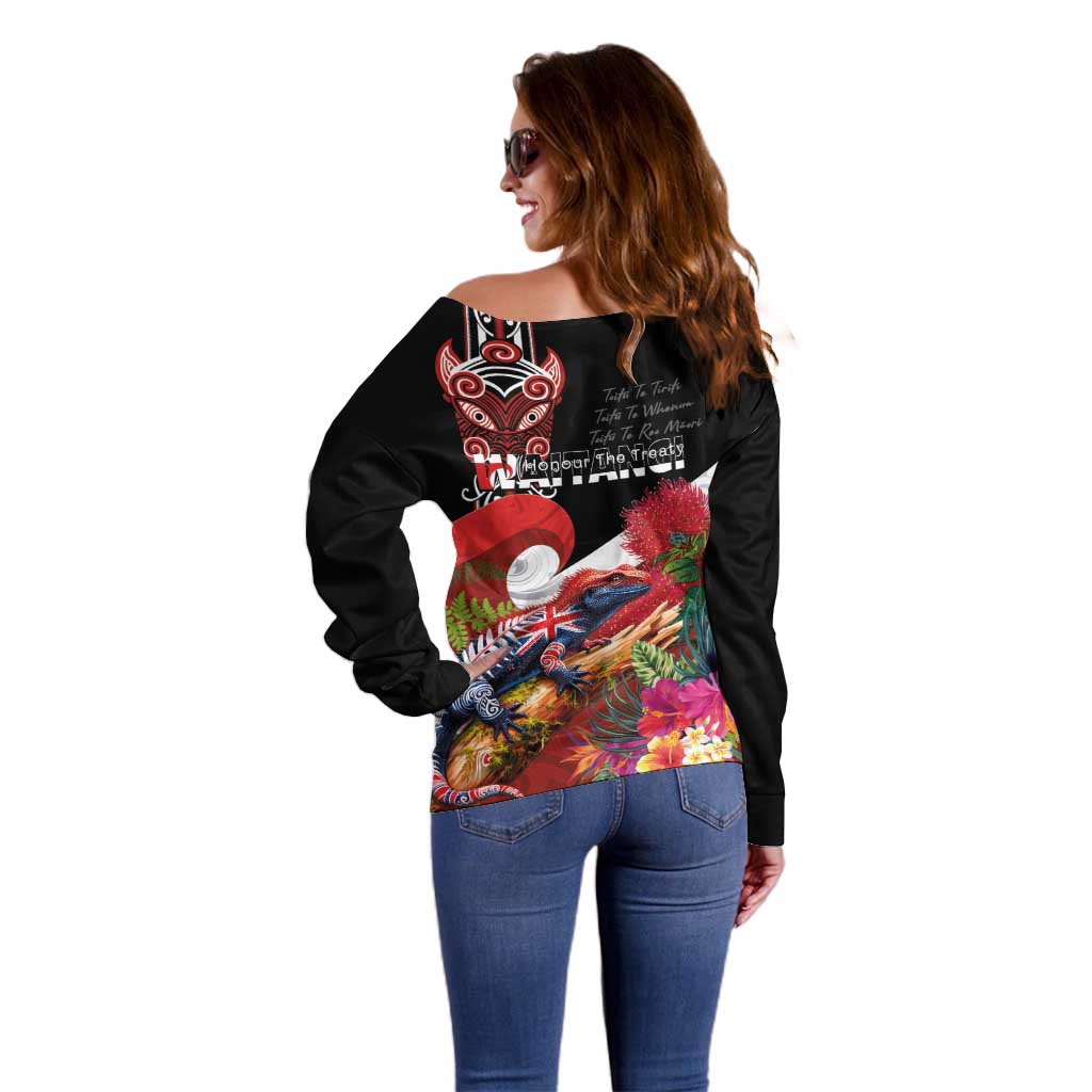Aotearoa Toitu Te Tiriti Off Shoulder Sweater Waitangi-Honour The Treaty NZ Tuatara and Plants LT03 - Polynesian Pride