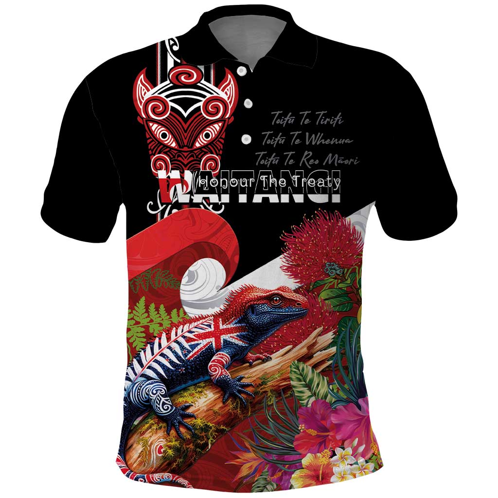 Aotearoa Toitu Te Tiriti Polo Shirt Waitangi-Honour The Treaty NZ Tuatara and Plants
