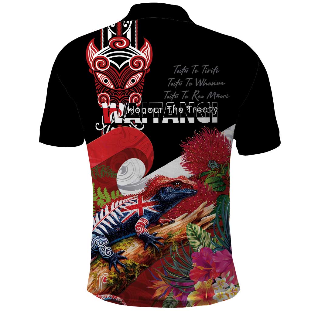 Aotearoa Toitu Te Tiriti Polo Shirt Waitangi-Honour The Treaty NZ Tuatara and Plants