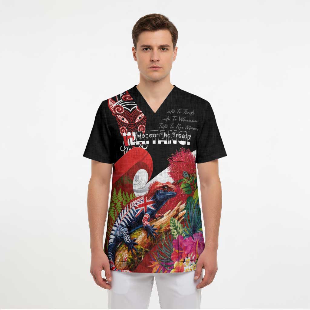 Aotearoa Toitu Te Tiriti Scrub Top Waitangi-Honour The Treaty NZ Tuatara and Plants LT03 - Polynesian Pride