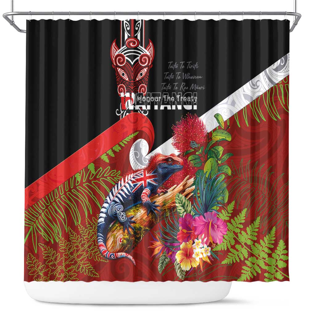 Aotearoa Toitu Te Tiriti Shower Curtain Waitangi-Honour The Treaty NZ Tuatara and Plants LT03 Multicolor - Polynesian Pride