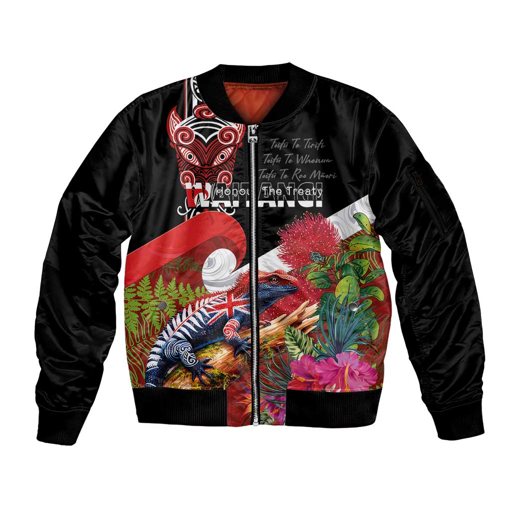 Aotearoa Toitu Te Tiriti Sleeve Zip Bomber Jacket Waitangi-Honour The Treaty NZ Tuatara and Plants LT03 Unisex Multicolor - Polynesian Pride