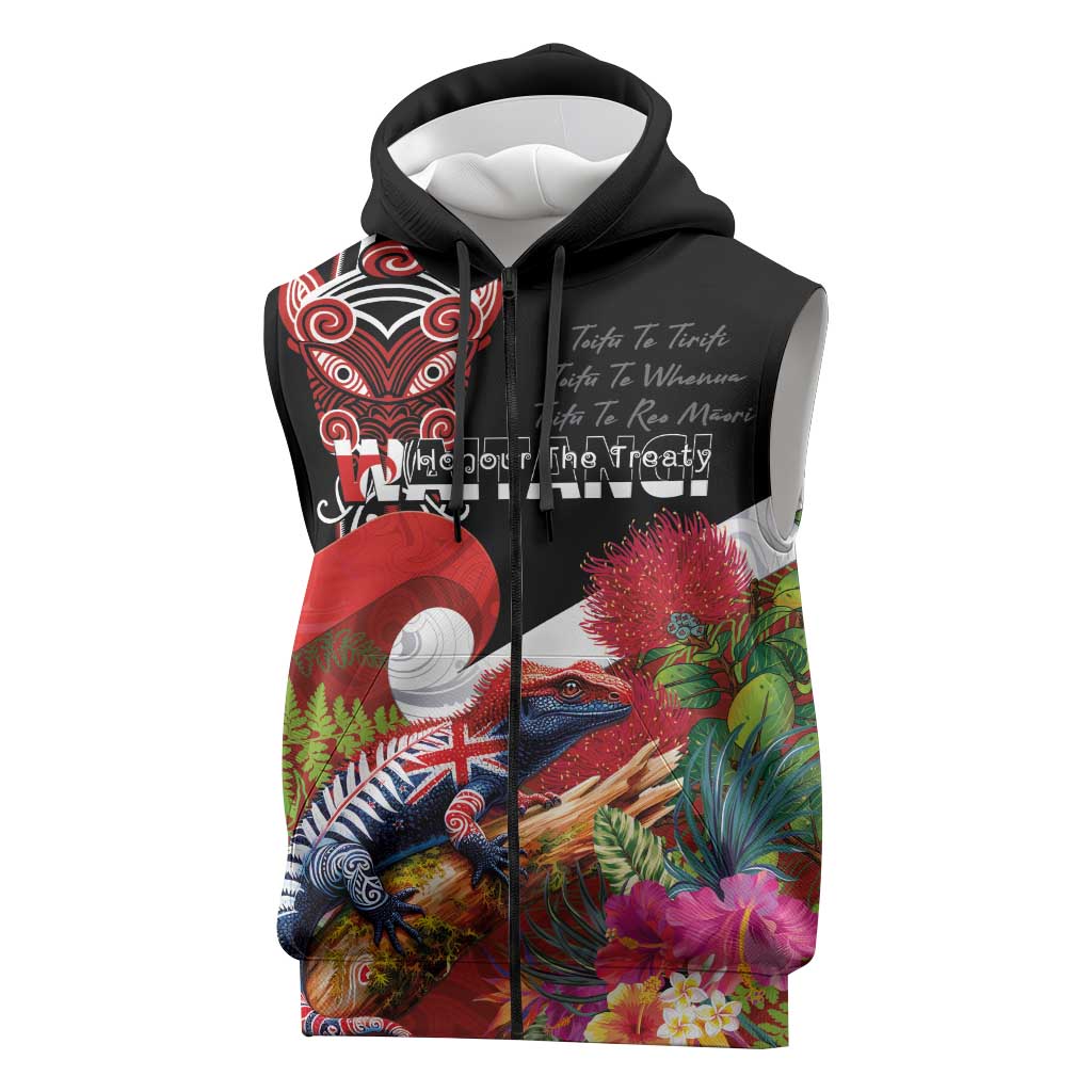 Aotearoa Toitu Te Tiriti Sleeveless Zip Hoodie Waitangi-Honour The Treaty NZ Tuatara and Plants