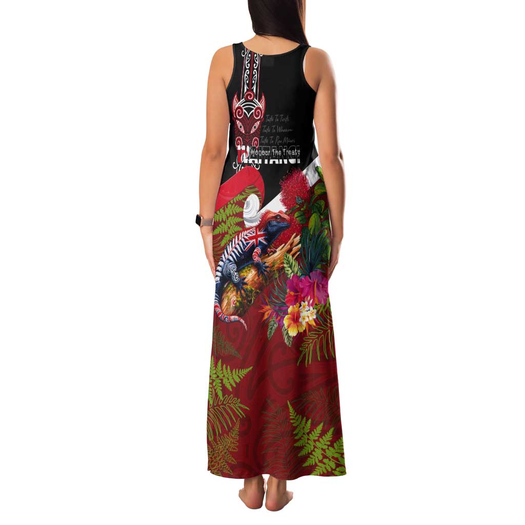 Aotearoa Toitu Te Tiriti Tank Maxi Dress Waitangi-Honour The Treaty NZ Tuatara and Plants LT03 - Polynesian Pride