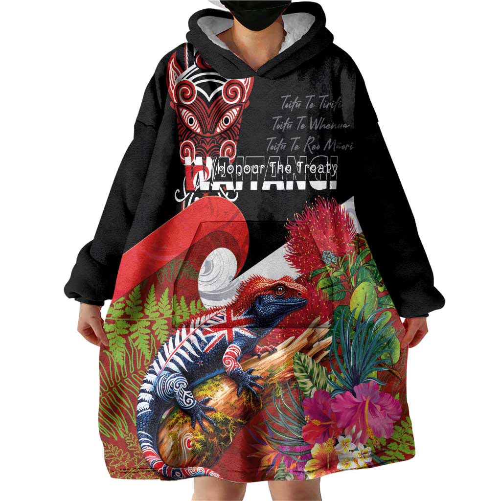 Aotearoa Toitu Te Tiriti Wearable Blanket Hoodie Waitangi-Honour The Treaty NZ Tuatara and Plants