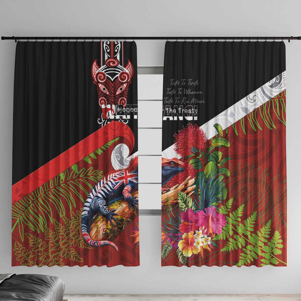 Aotearoa Toitu Te Tiriti Window Curtain Waitangi-Honour The Treaty NZ Tuatara and Plants LT03 With Hooks Multicolor - Polynesian Pride