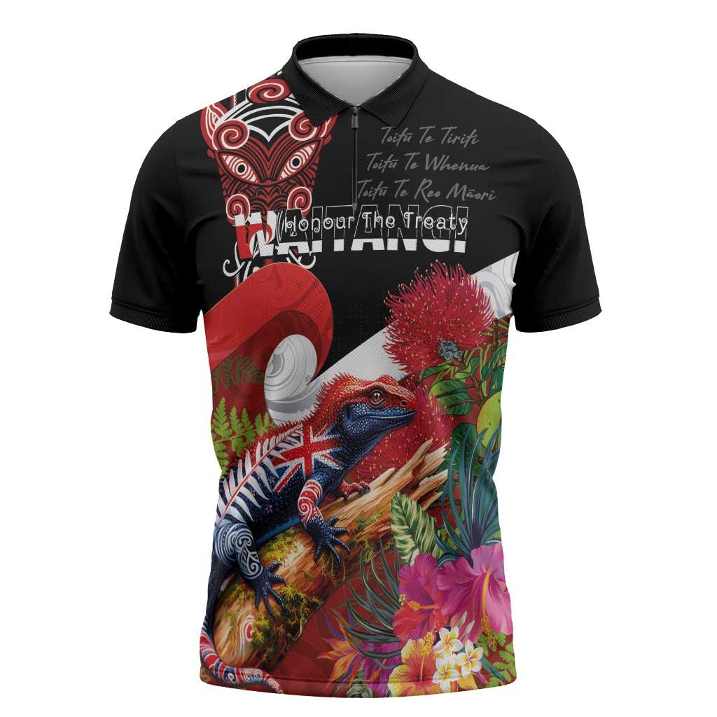 Aotearoa Toitu Te Tiriti Zipper Polo Shirt Waitangi-Honour The Treaty NZ Tuatara and Plants