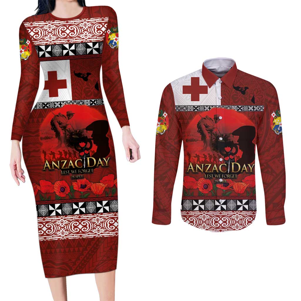 Tonga ANZAC Day Couples Matching Long Sleeve Bodycon Dress and Long Sleeve Button Shirt Gallipoli Lest We Forget Ngatu Art Tribal