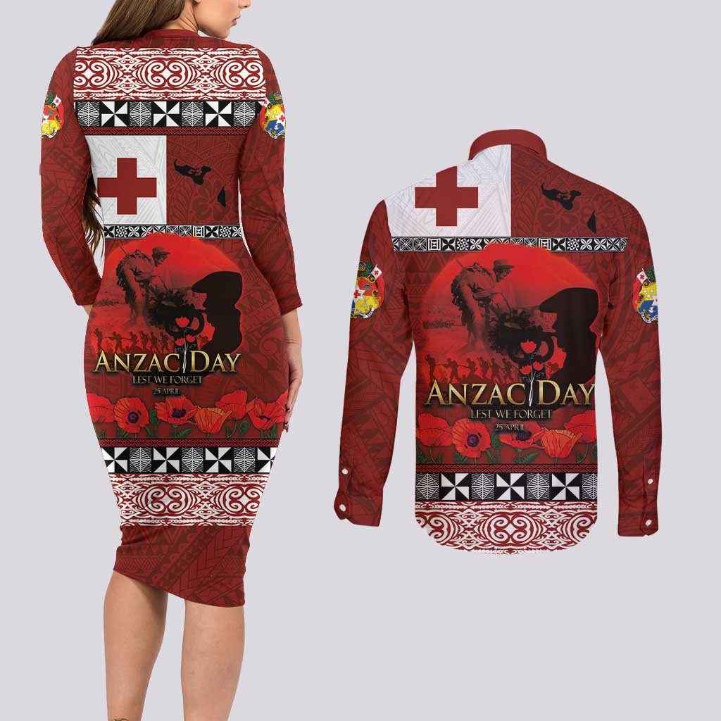 Tonga ANZAC Day Couples Matching Long Sleeve Bodycon Dress and Long Sleeve Button Shirt Gallipoli Lest We Forget Ngatu Art Tribal
