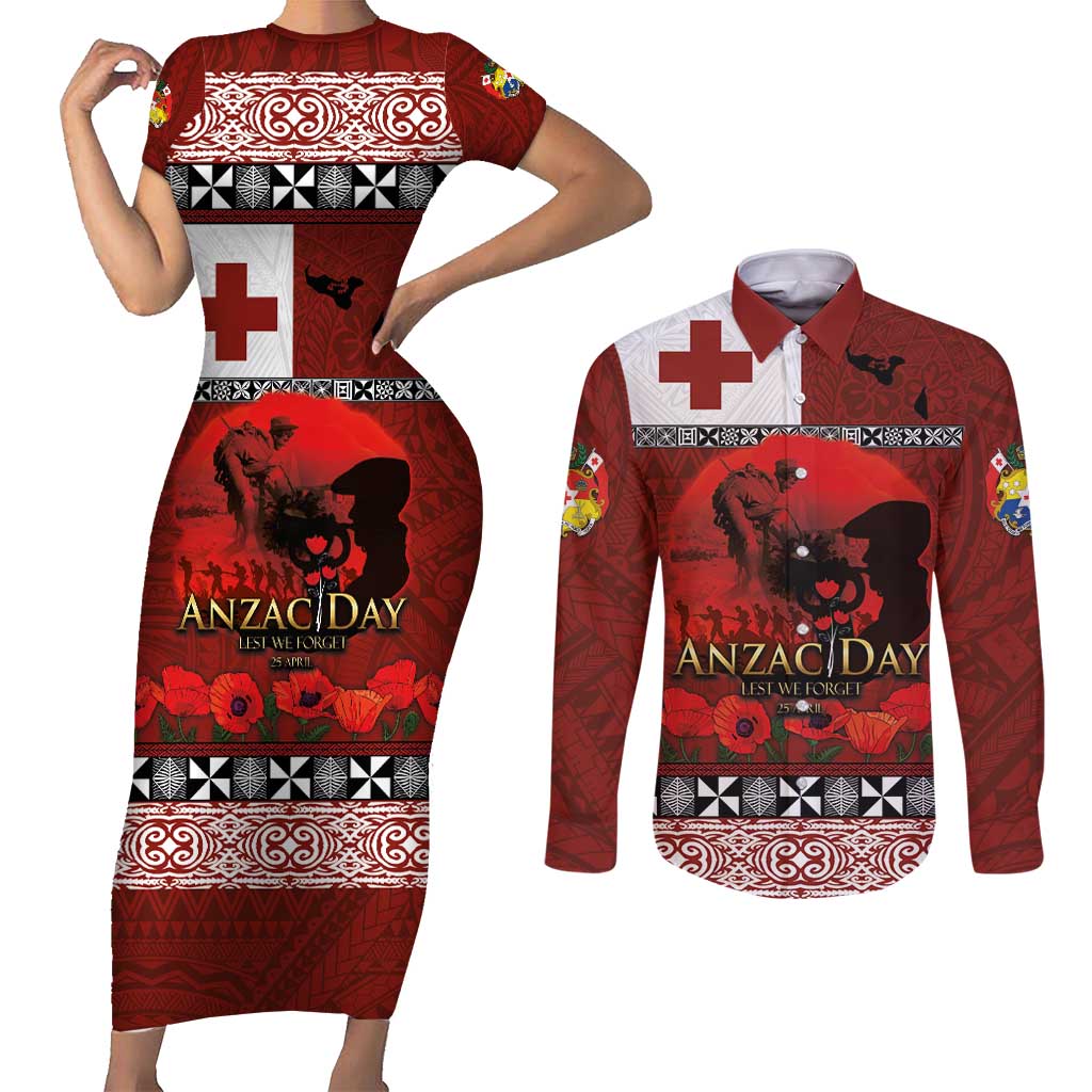 Tonga ANZAC Day Couples Matching Short Sleeve Bodycon Dress and Long Sleeve Button Shirt Gallipoli Lest We Forget Ngatu Art Tribal