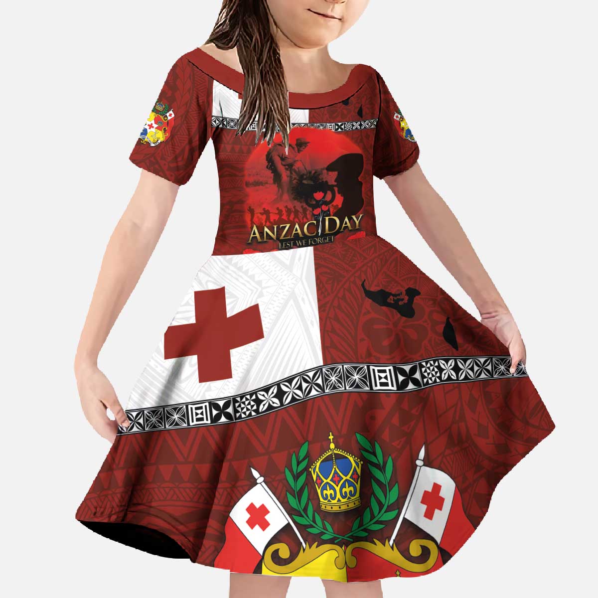 Tonga ANZAC Day Family Matching Off The Shoulder Long Sleeve Dress and Hawaiian Shirt Gallipoli Lest We Forget Ngatu Art Tribal