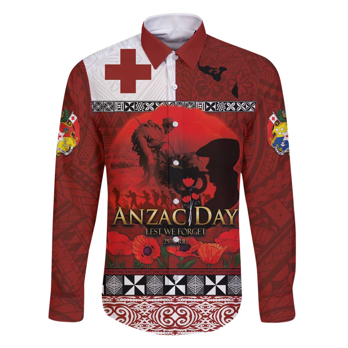 Tonga ANZAC Day Family Matching Off The Shoulder Long Sleeve Dress and Hawaiian Shirt Gallipoli Lest We Forget Ngatu Art Tribal