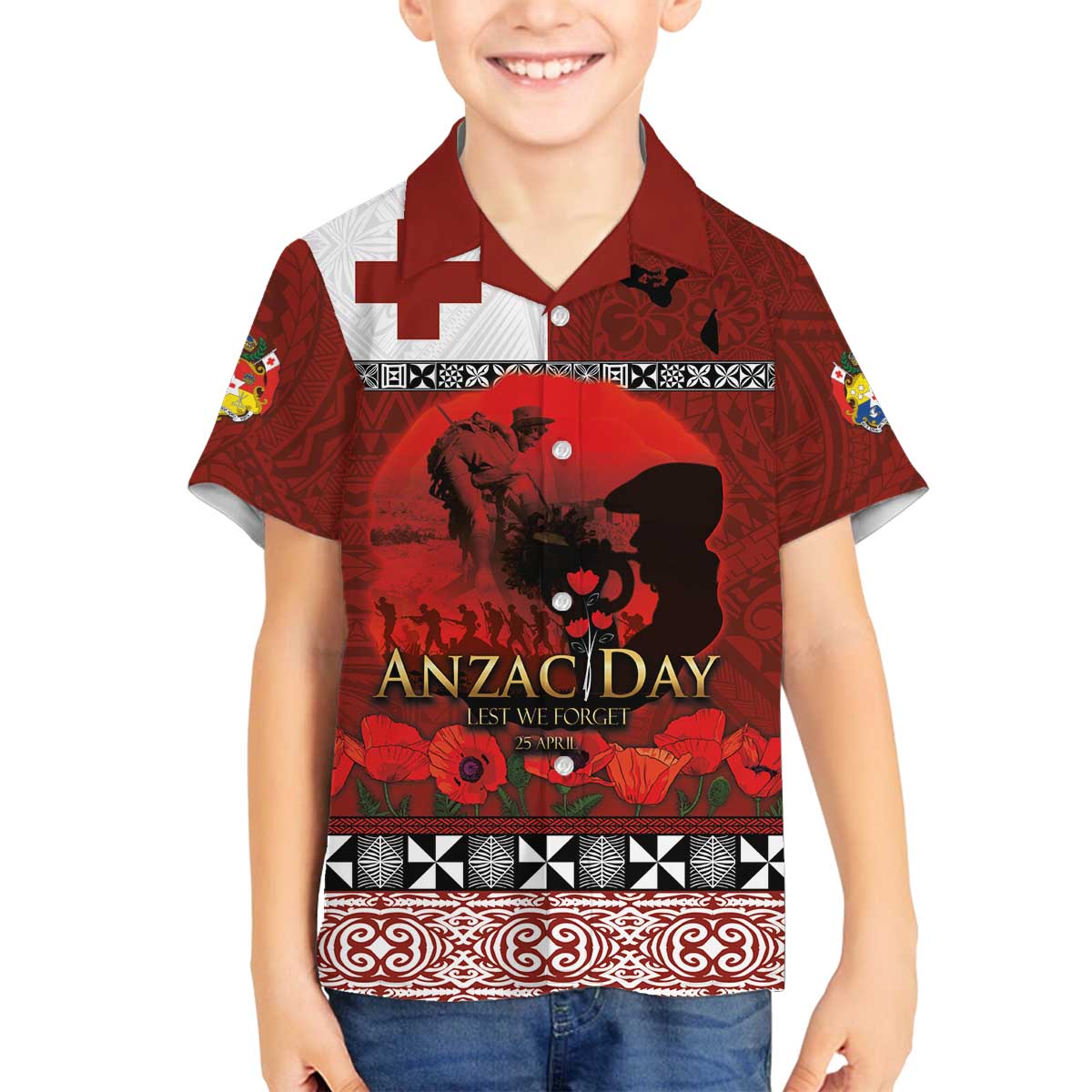 Tonga ANZAC Day Family Matching Off The Shoulder Long Sleeve Dress and Hawaiian Shirt Gallipoli Lest We Forget Ngatu Art Tribal