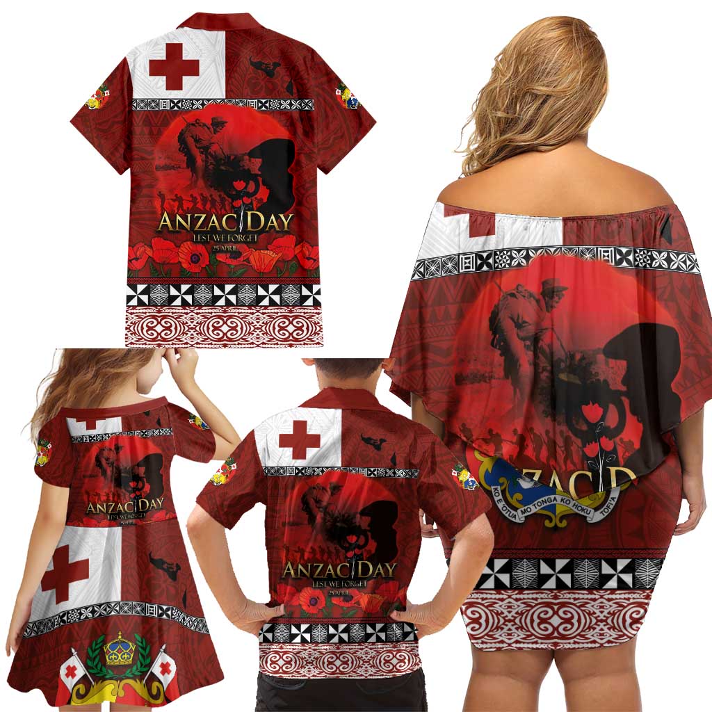 Tonga ANZAC Day Family Matching Off Shoulder Short Dress and Hawaiian Shirt Gallipoli Lest We Forget Ngatu Art Tribal